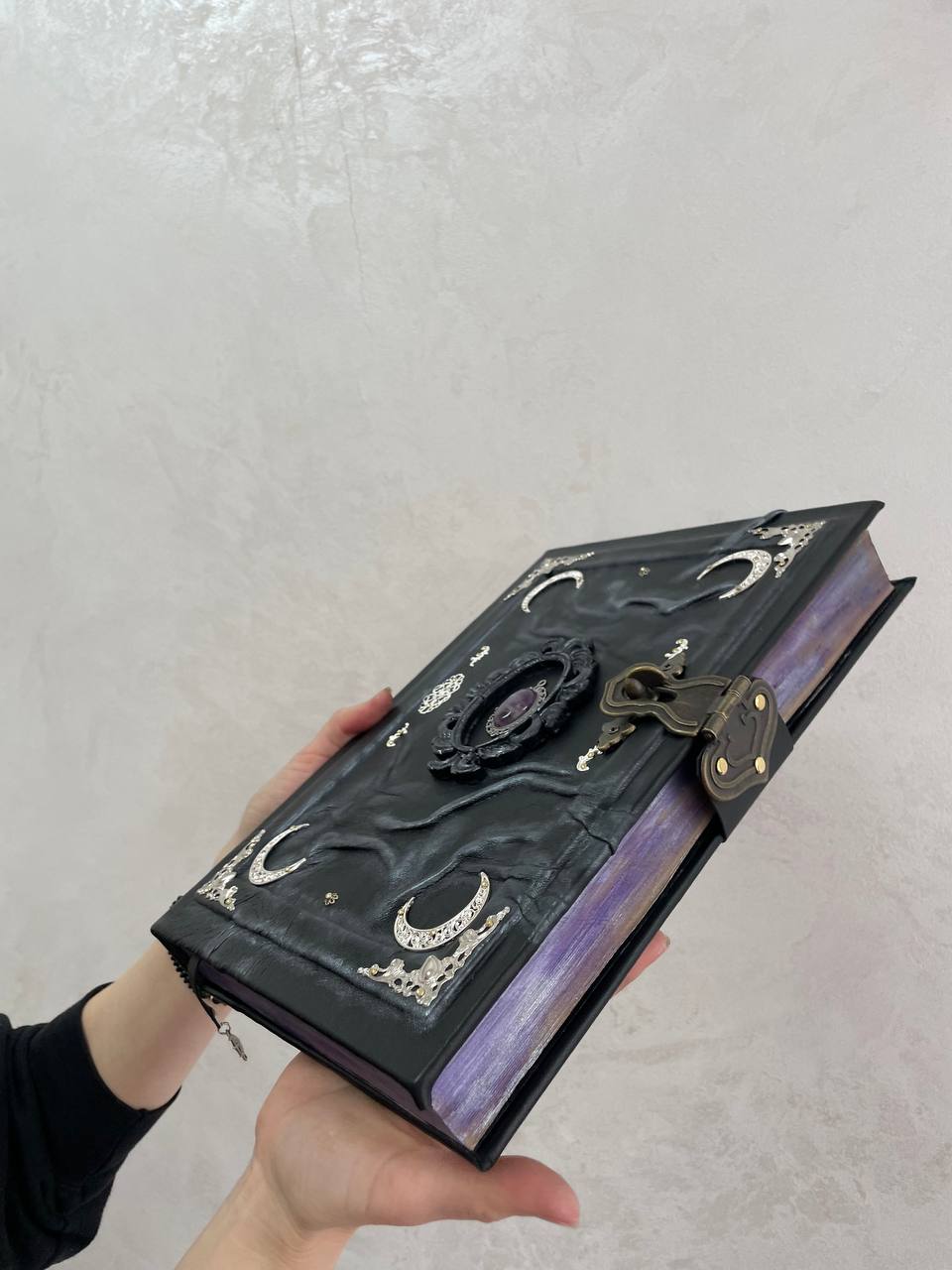 Amethyst Gothic Grimoire | Purple Moon Leather Book of Shadows | Handmade Witch Journal | Occult Gift