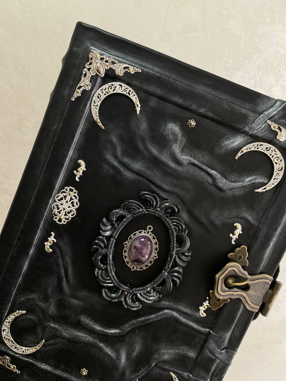 Amethyst Gothic Grimoire | Purple Moon Leather Book of Shadows | Handmade Witch Journal | Occult Gift