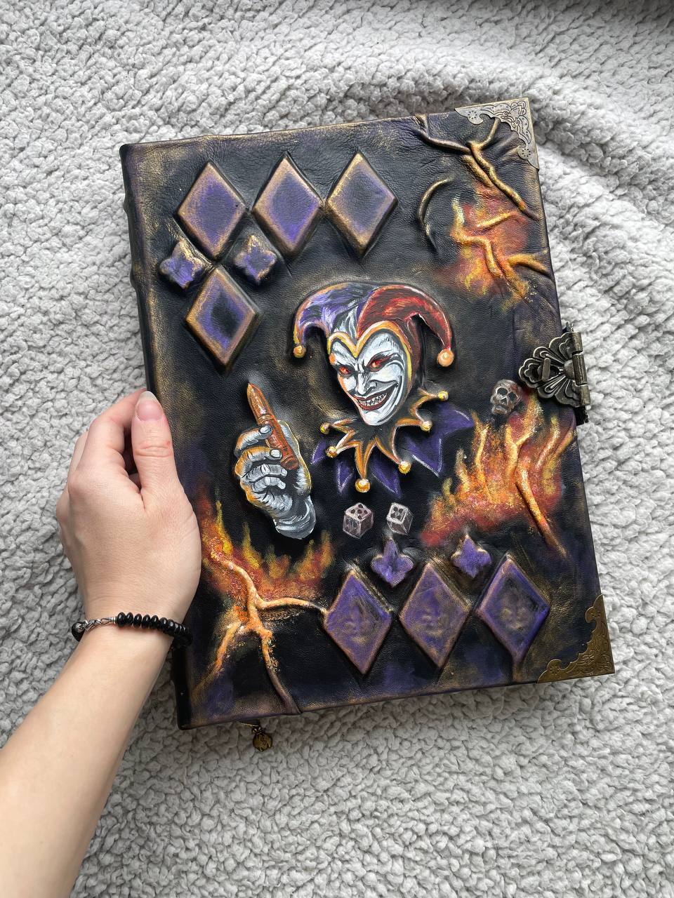 Jester Leather Grimoire | Handmade Gothic Journal | Dark Trickster Notebook |  Luxury Leather Joker Spell Book