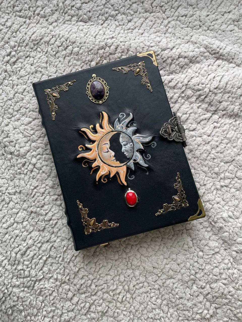 Sun & Moon Leather Grimoire with Natural Stones | Hand-Painted Cover, Metal Clasp
