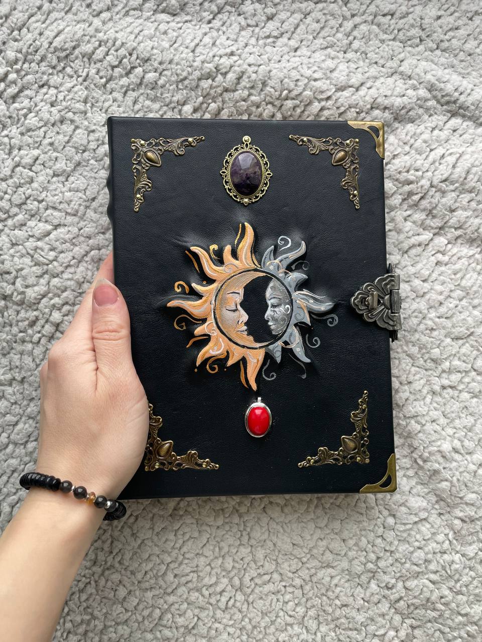 Sun & Moon Leather Grimoire with Natural Stones | Hand-Painted Cover, Metal Clasp