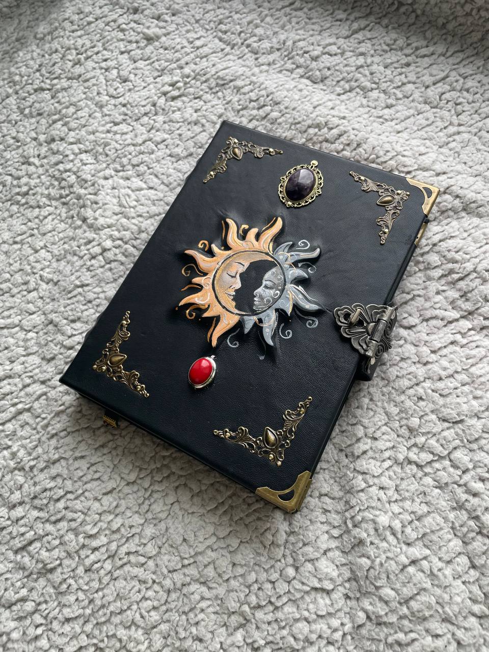 Sun & Moon Leather Grimoire with Natural Stones | Hand-Painted Cover, Metal Clasp