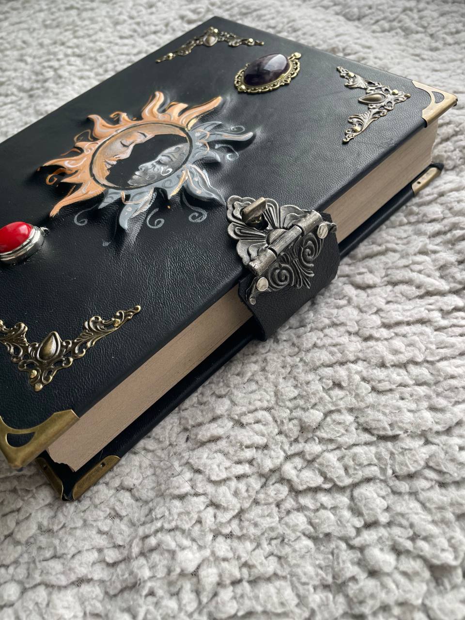 Sun & Moon Leather Grimoire with Natural Stones | Hand-Painted Cover, Metal Clasp