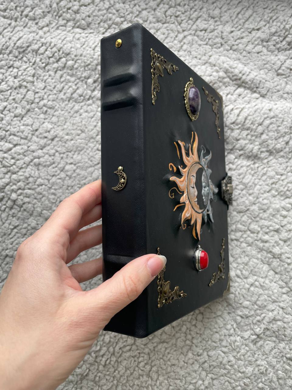Sun & Moon Leather Grimoire with Natural Stones | Hand-Painted Cover, Metal Clasp