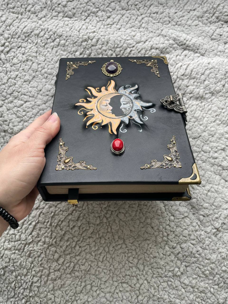 Sun & Moon Leather Grimoire with Natural Stones | Hand-Painted Cover, Metal Clasp