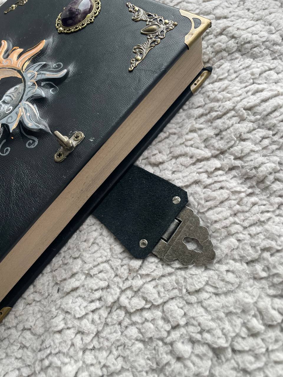 Sun & Moon Leather Grimoire with Natural Stones | Hand-Painted Cover, Metal Clasp