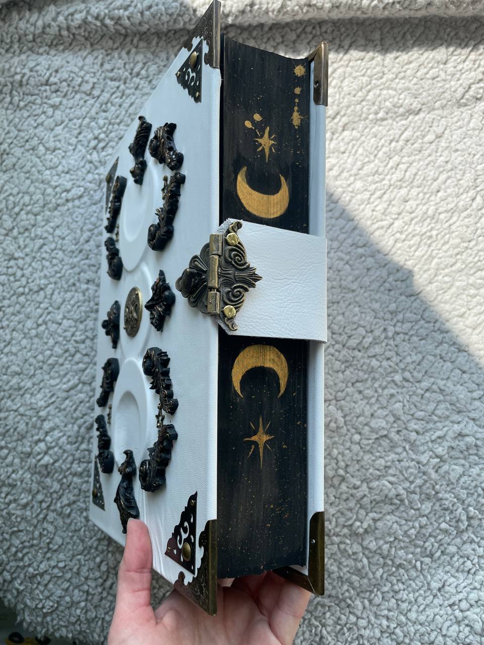 White Grimoire | Triple Moon Leather Book of Shadows | Goddess Handmade Witchcraft Spell Book
