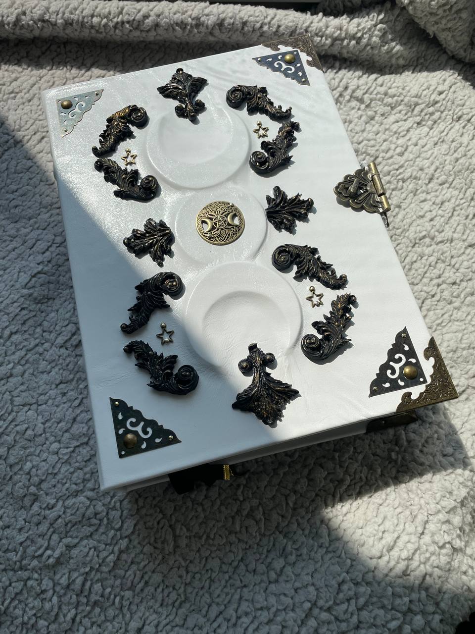 White Grimoire | Triple Moon Leather Book of Shadows | Goddess Handmade Witchcraft Spell Book