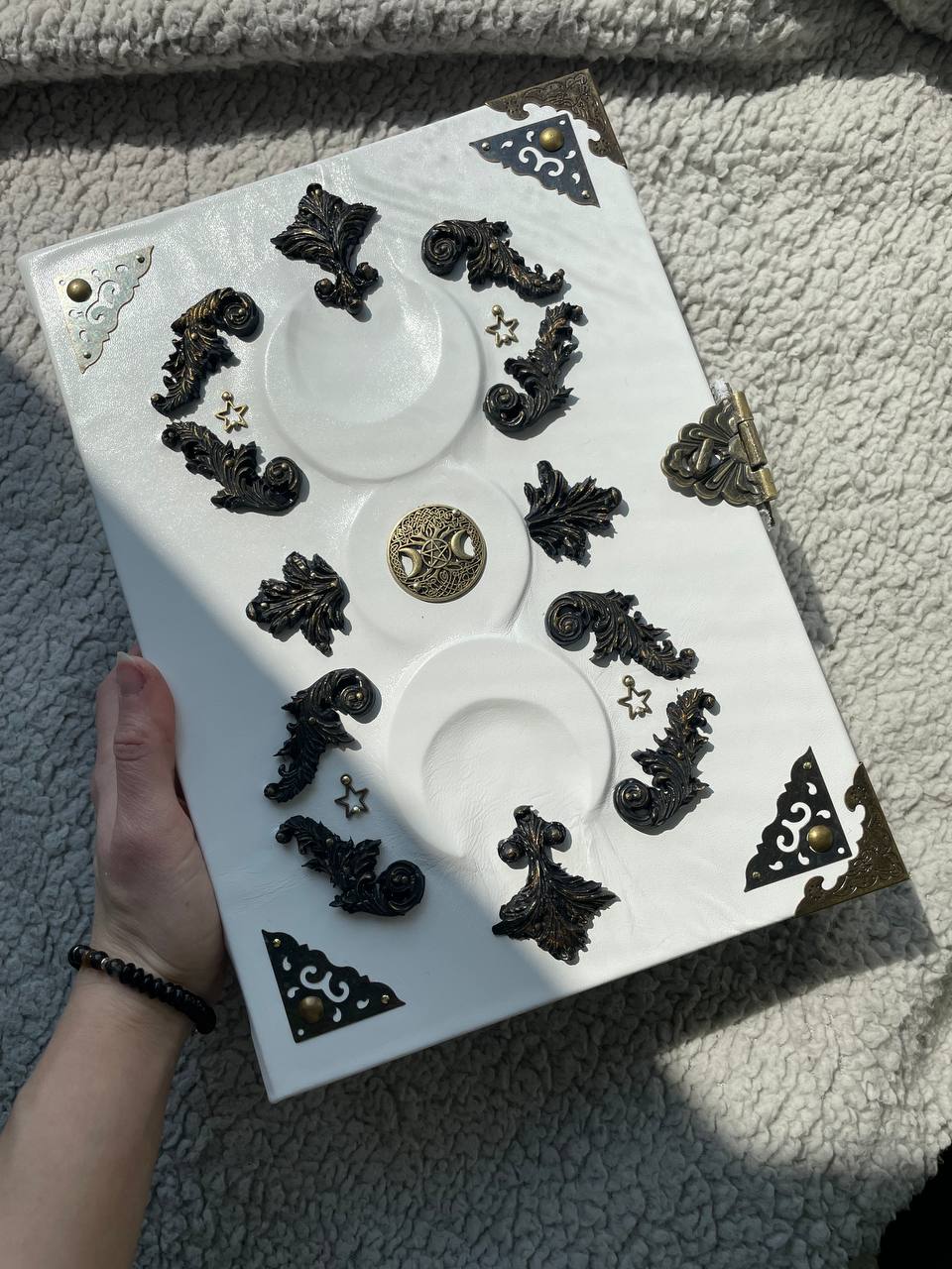 White Grimoire | Triple Moon Leather Book of Shadows | Goddess Handmade Witchcraft Spell Book