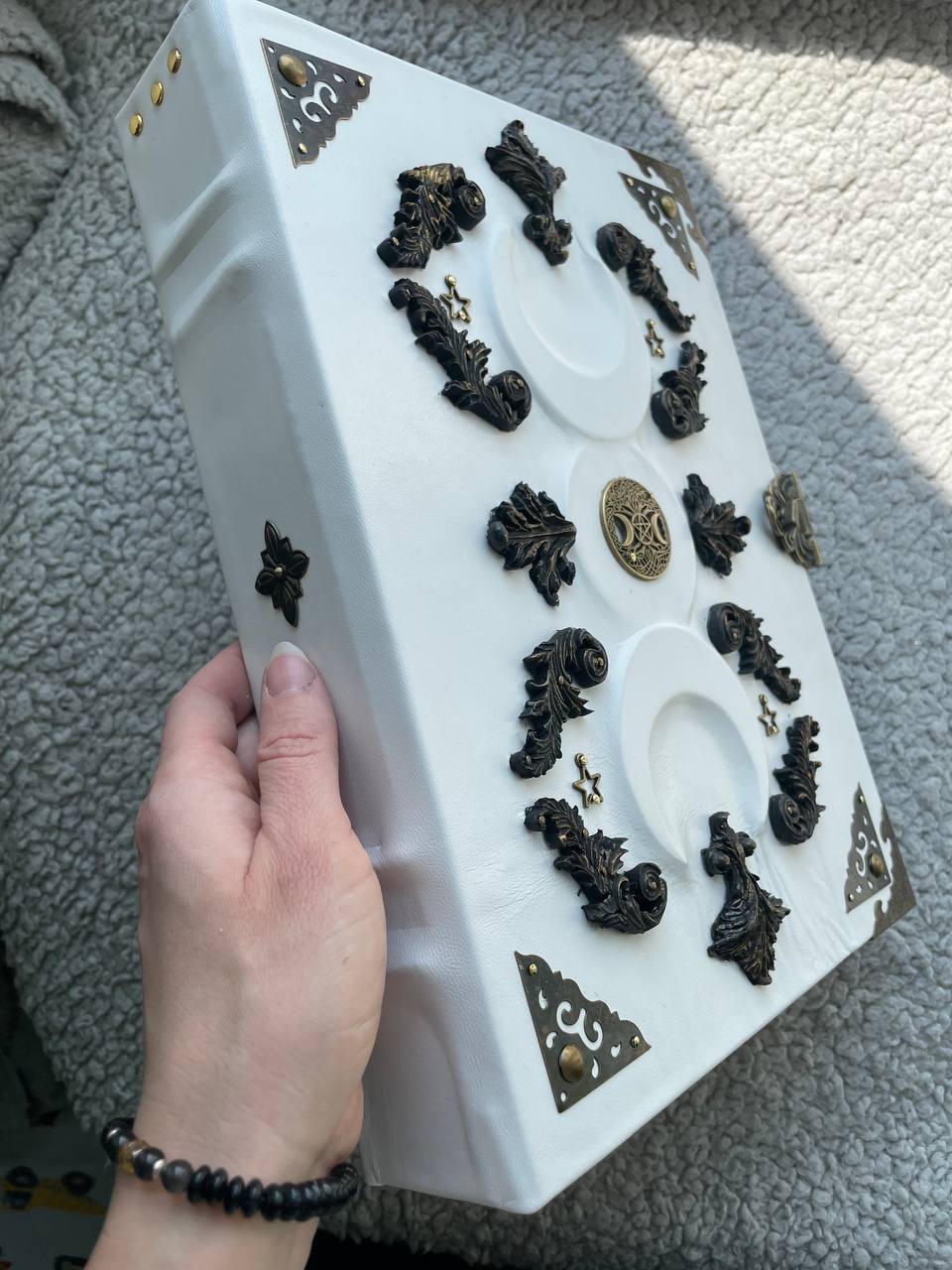 White Grimoire | Triple Moon Leather Book of Shadows | Goddess Handmade Witchcraft Spell Book