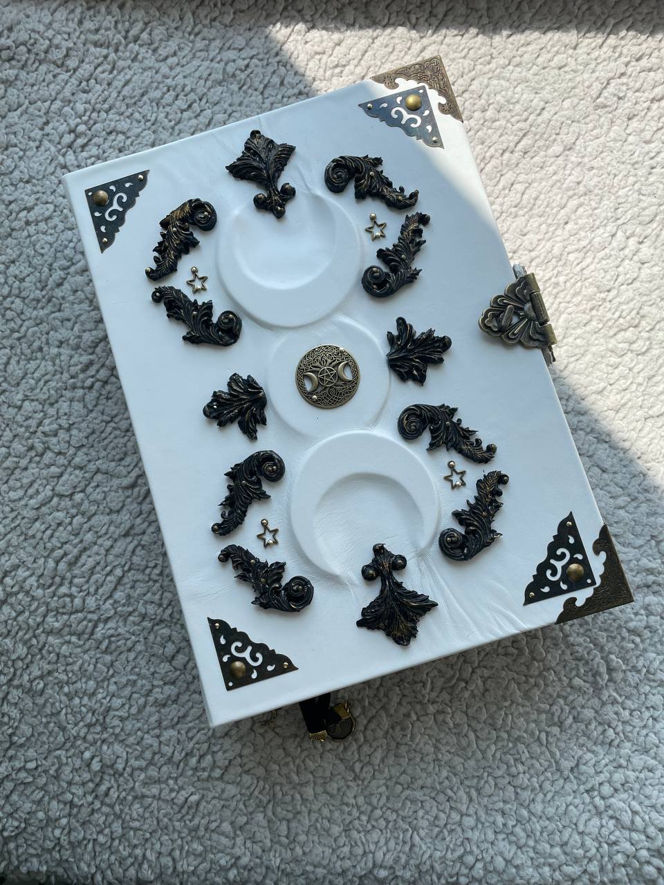White Grimoire | Triple Moon Leather Book of Shadows | Goddess Handmade Witchcraft Spell Book