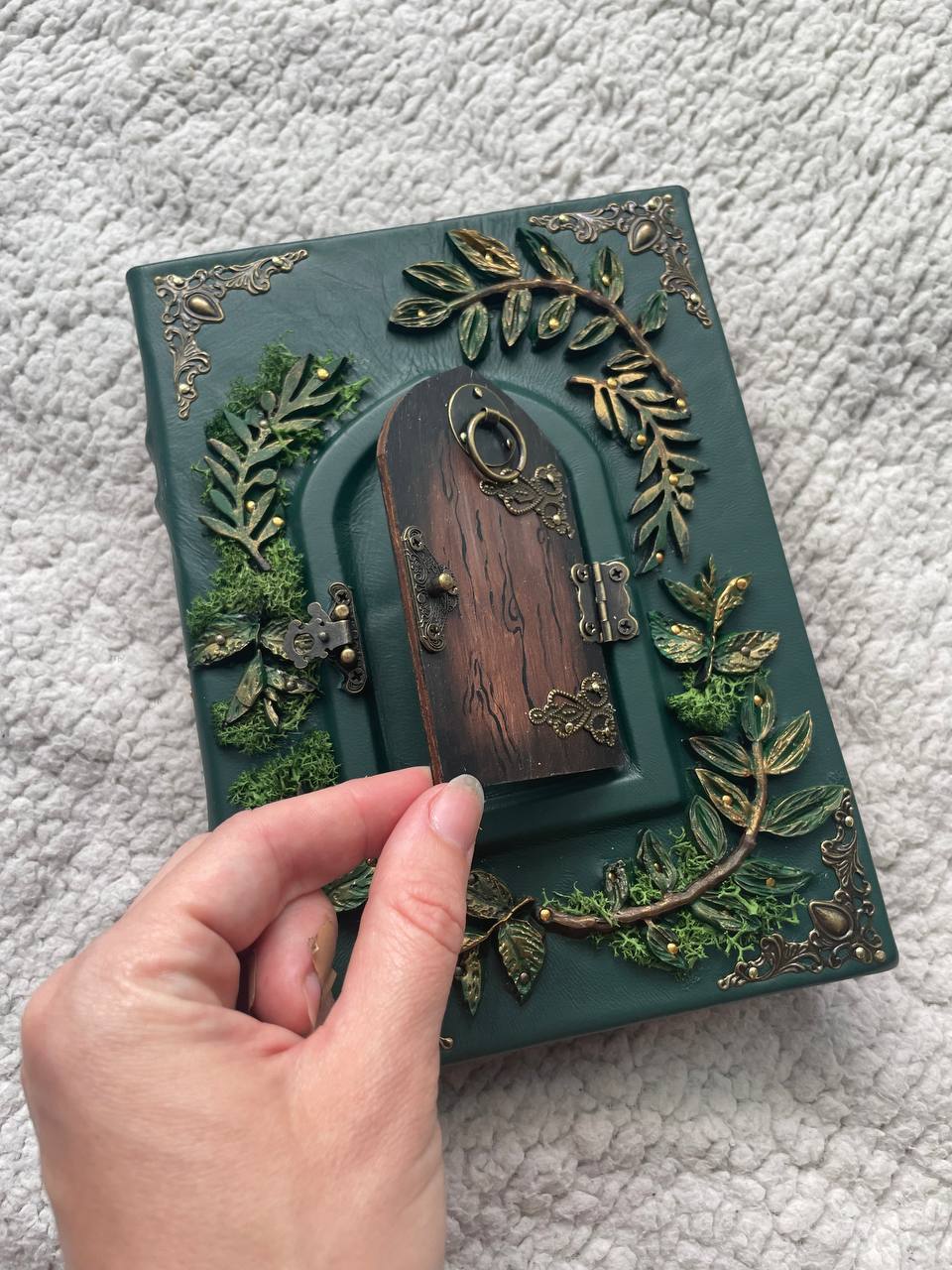 The Door to Fairyland Grimoire – Green Leather Journal with Working Door, Personalized Message