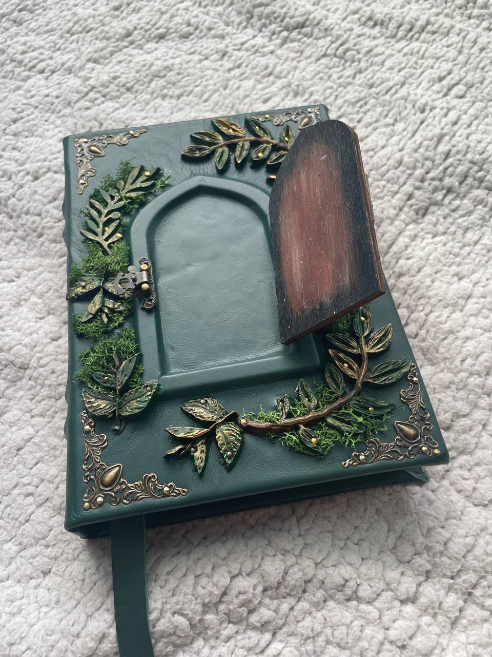 The Door to Fairyland Grimoire – Green Leather Journal with Working Door, Personalized Message