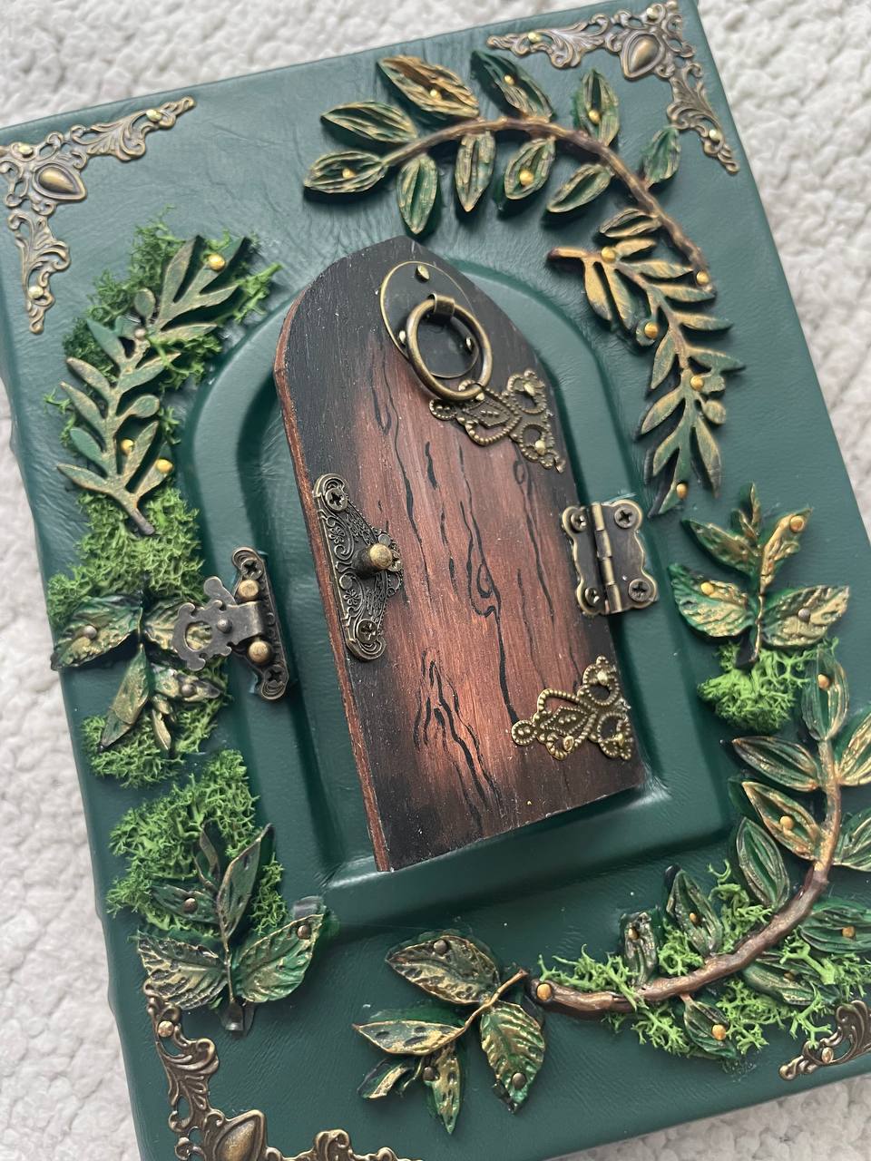 The Door to Fairyland Grimoire – Green Leather Journal with Working Door, Personalized Message