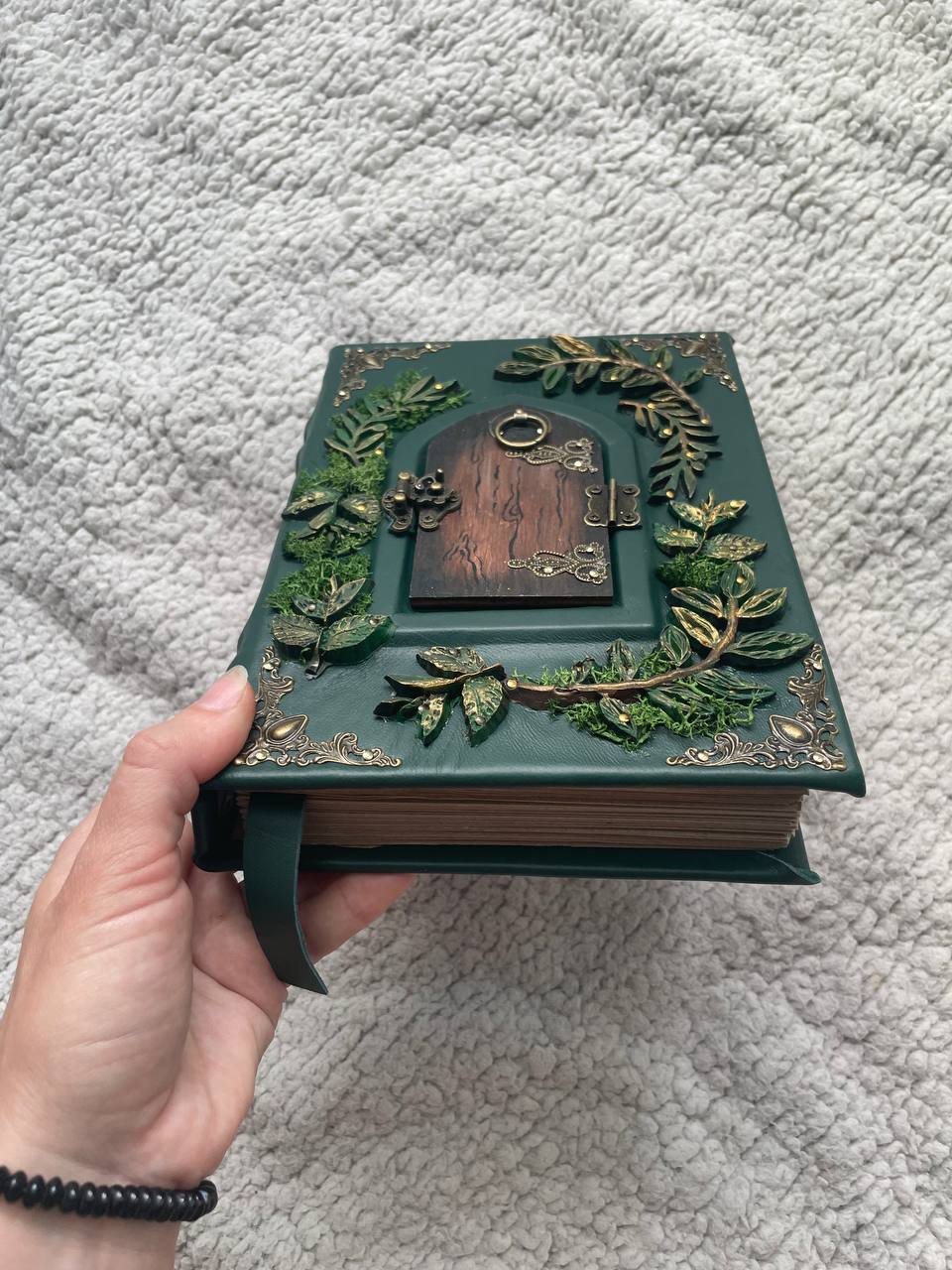 The Door to Fairyland Grimoire – Green Leather Journal with Working Door, Personalized Message