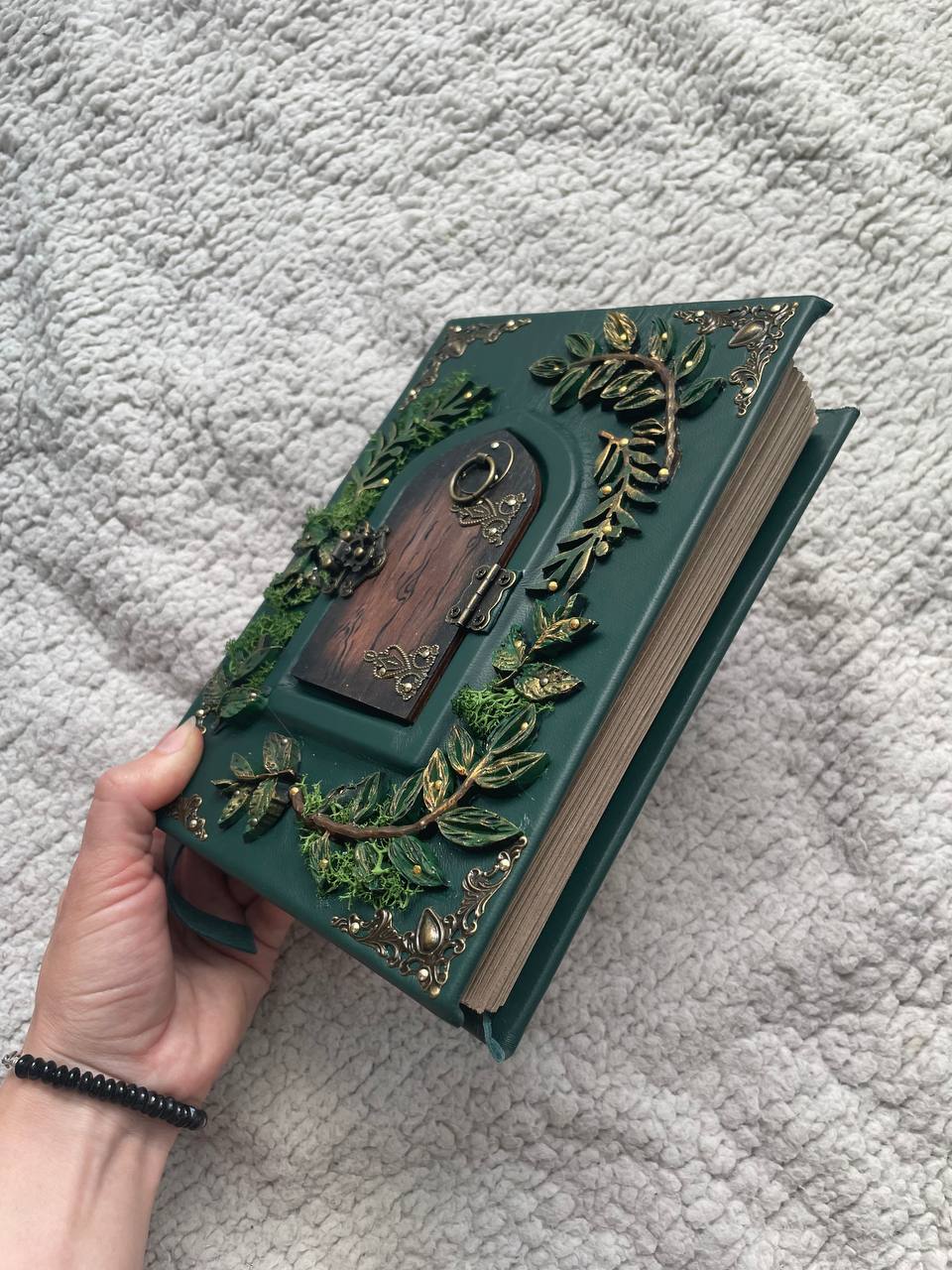 The Door to Fairyland Grimoire – Green Leather Journal with Working Door, Personalized Message