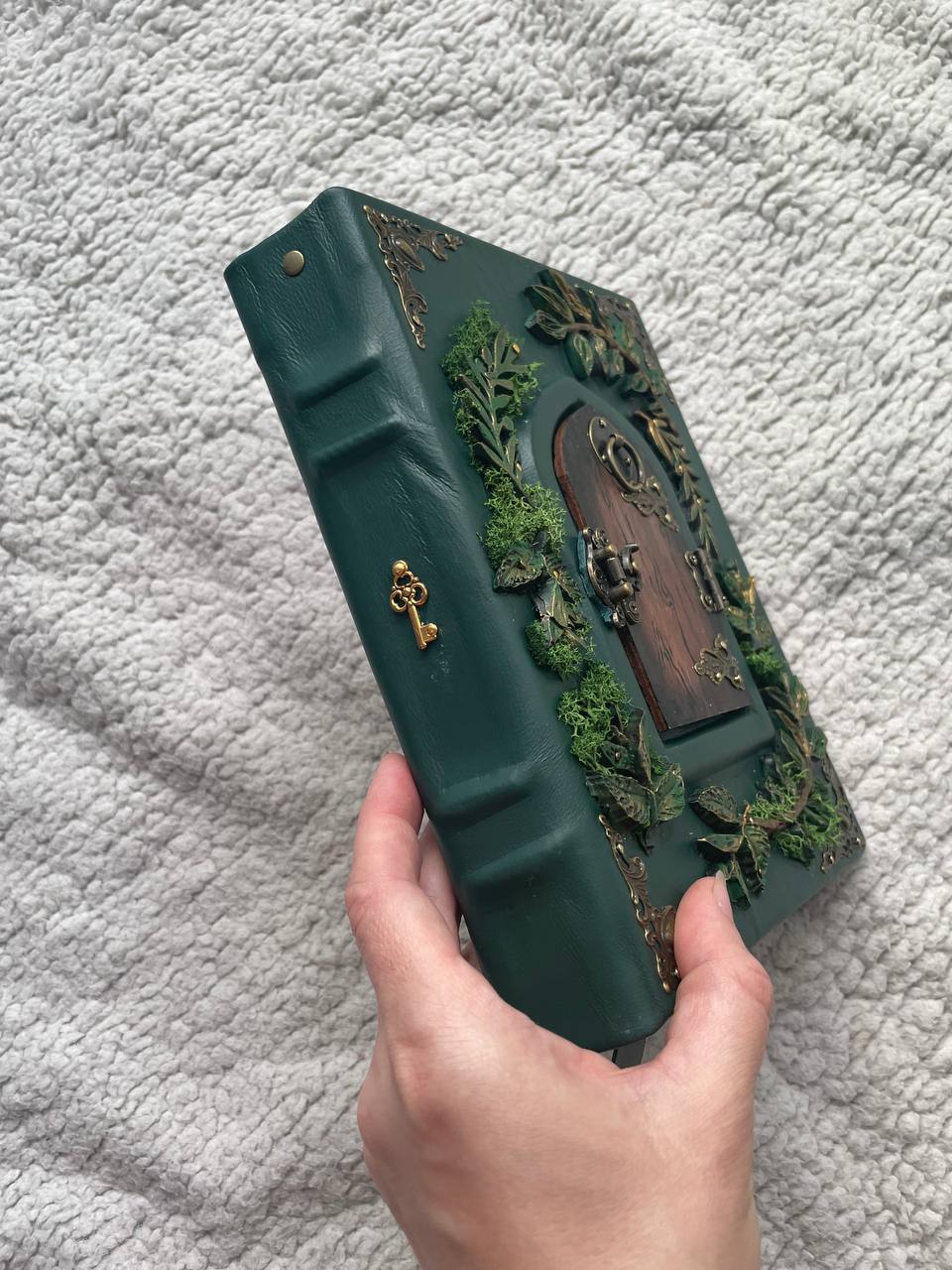 The Door to Fairyland Grimoire – Green Leather Journal with Working Door, Personalized Message