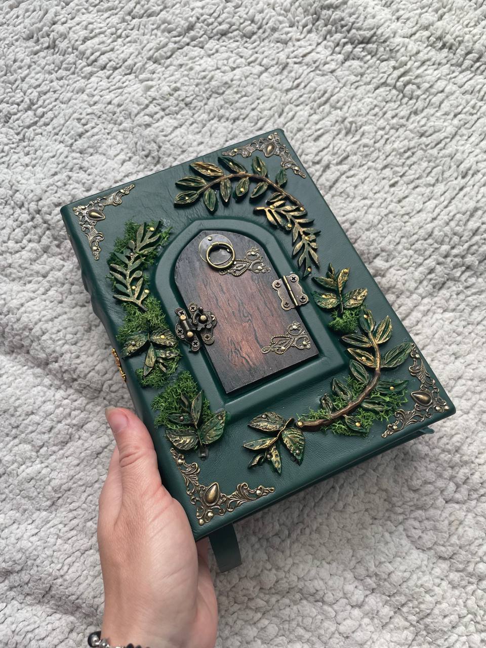 The Door to Fairyland Grimoire – Green Leather Journal with Working Door, Personalized Message