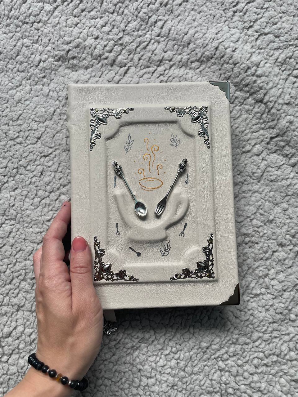 Personalized White Leather Recipe Book - Handmade Family Cookbook Journal