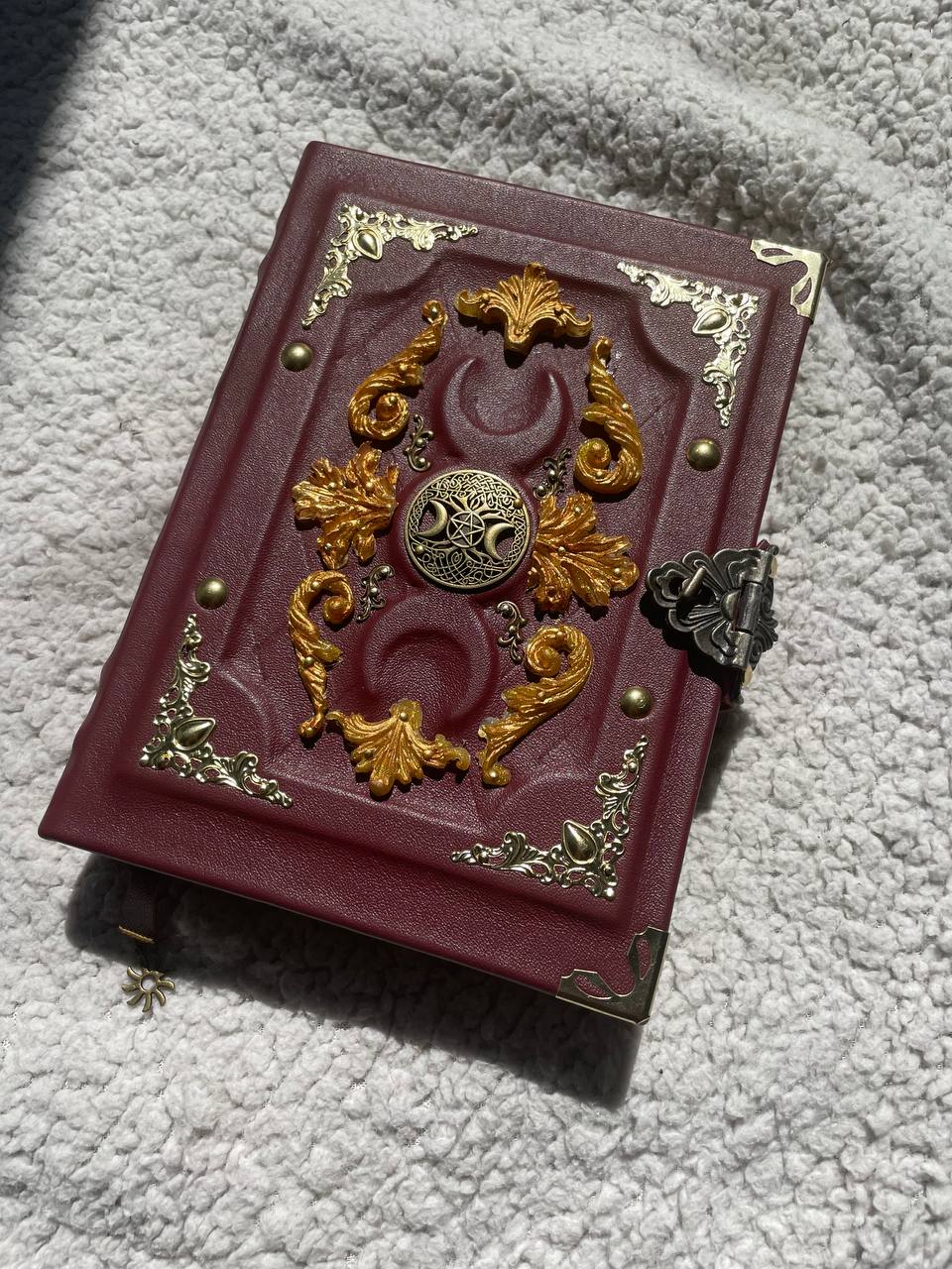 Golden Triple Moon Grimoire – Handmade Burgundy Leather Book of Shadows | Luxury Wiccan Journal
