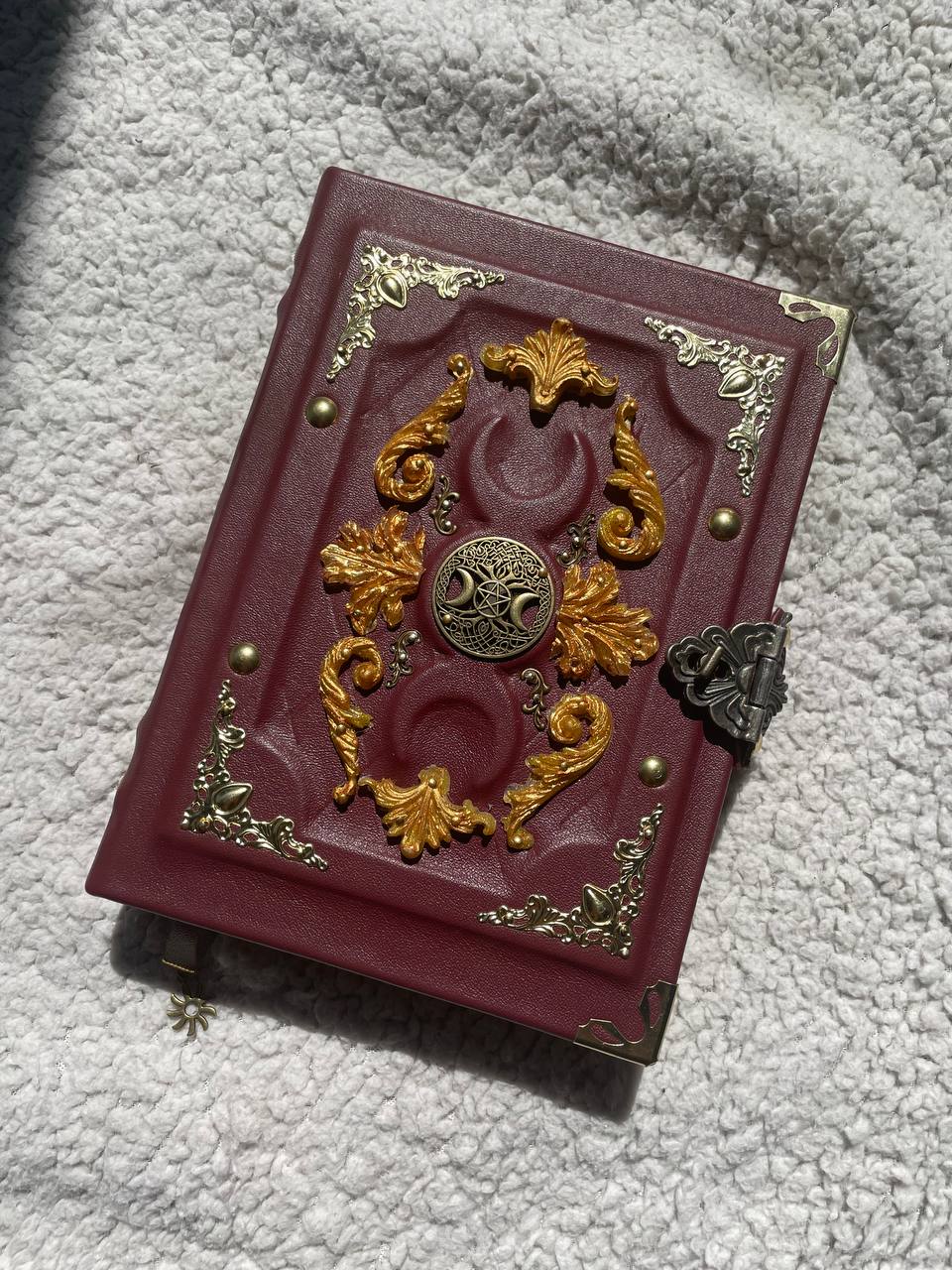 Golden Triple Moon Grimoire – Handmade Burgundy Leather Book of Shadows | Luxury Wiccan Journal