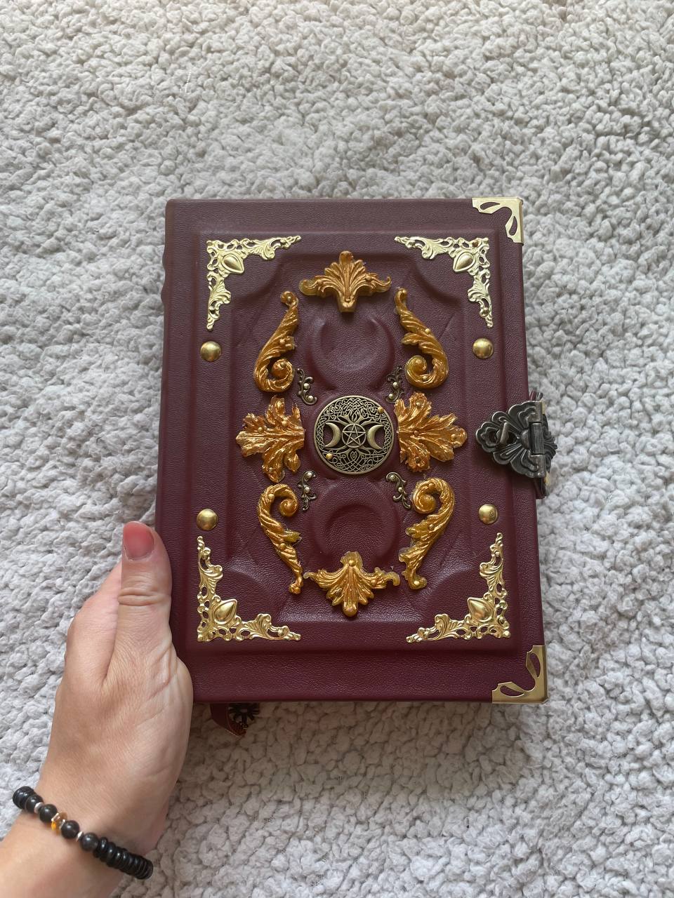Golden Triple Moon Grimoire – Handmade Burgundy Leather Book of Shadows | Luxury Wiccan Journal