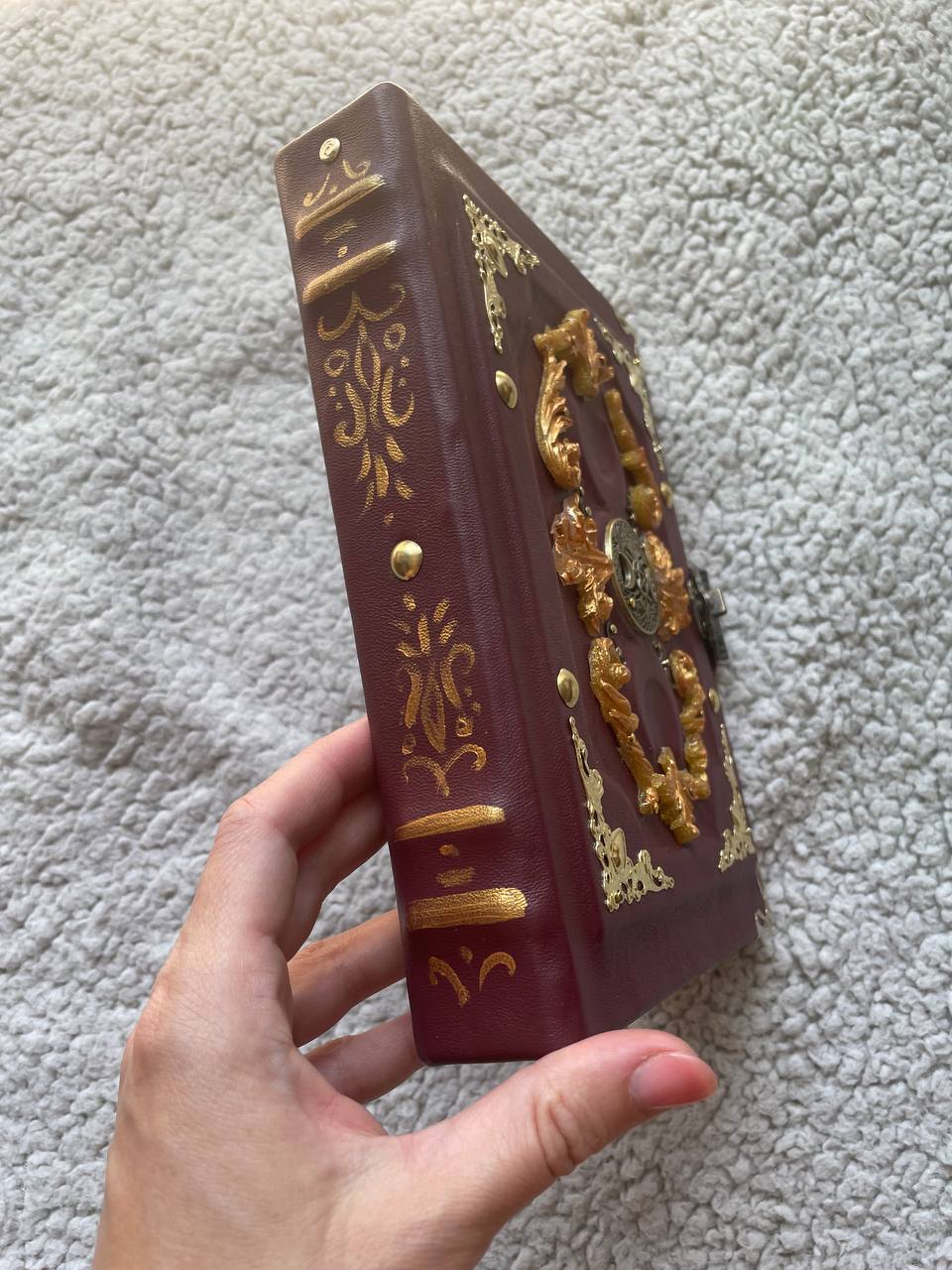 Golden Triple Moon Grimoire – Handmade Burgundy Leather Book of Shadows | Luxury Wiccan Journal