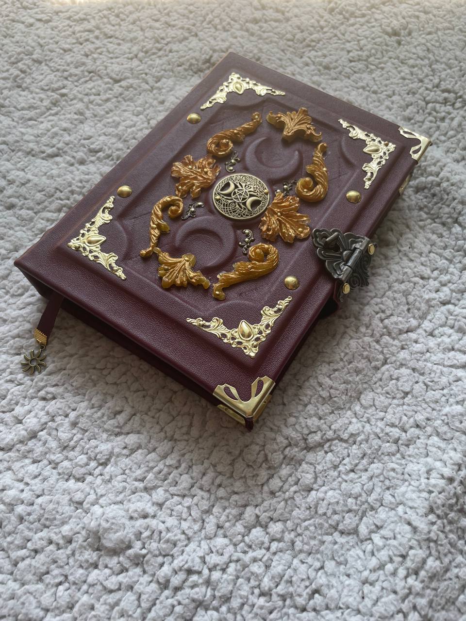 Golden Triple Moon Grimoire – Handmade Burgundy Leather Book of Shadows | Luxury Wiccan Journal