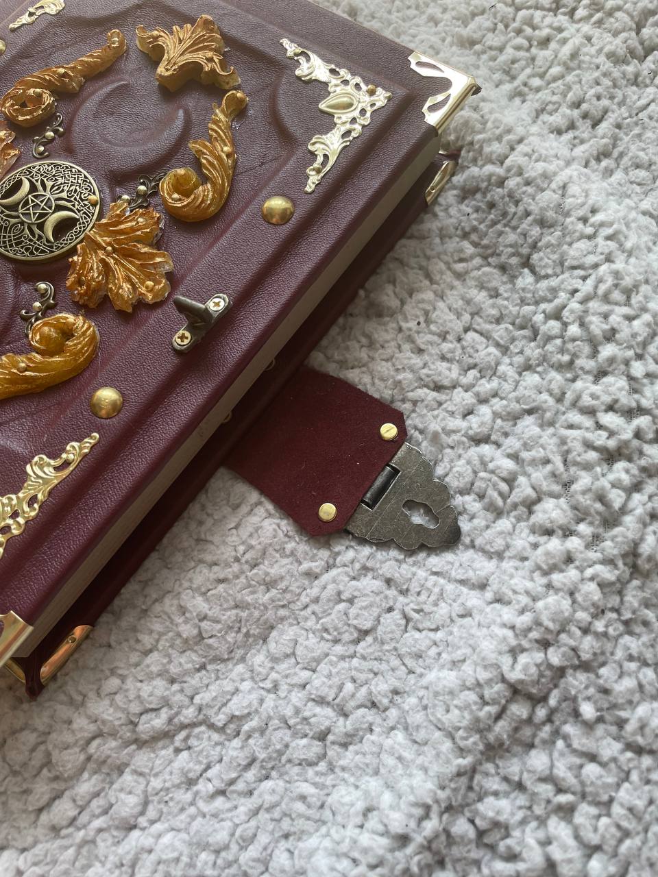 Golden Triple Moon Grimoire – Handmade Burgundy Leather Book of Shadows | Luxury Wiccan Journal