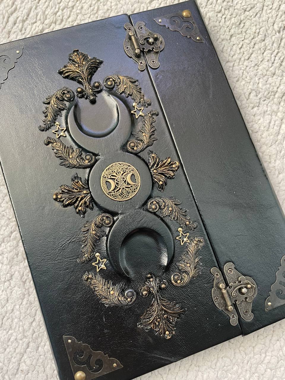 Black Moon Grimoire - Handmade Leather Book of Shadows with secure metal clasps