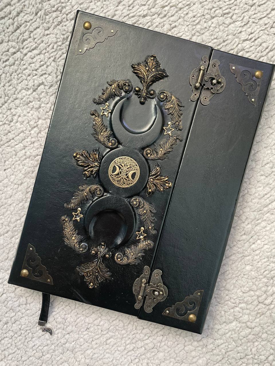 Black Moon Grimoire - Handmade Leather Book of Shadows with secure metal clasps