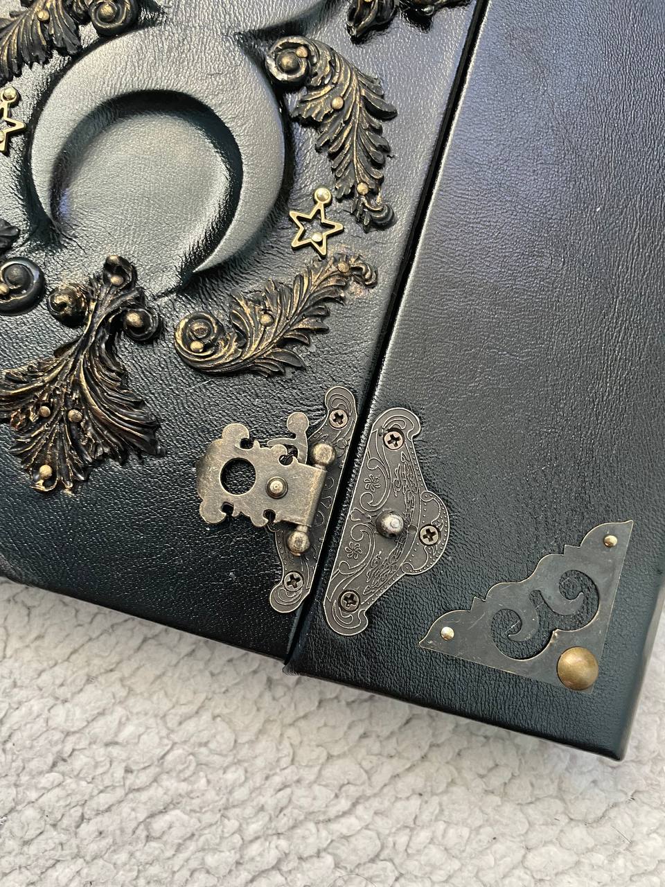 Black Moon Grimoire - Handmade Leather Book of Shadows with secure metal clasps