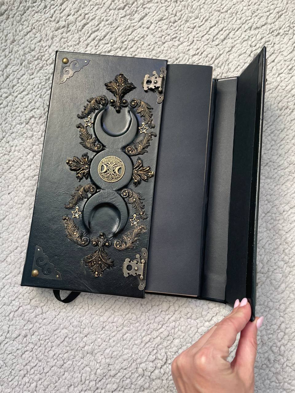 Black Moon Grimoire - Handmade Leather Book of Shadows with secure metal clasps