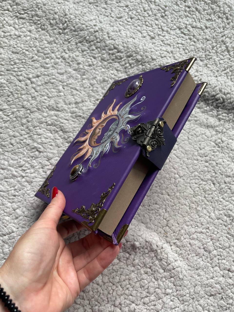 Sun & Moon Purple Leather Grimoire – Handmade Book of Shadows