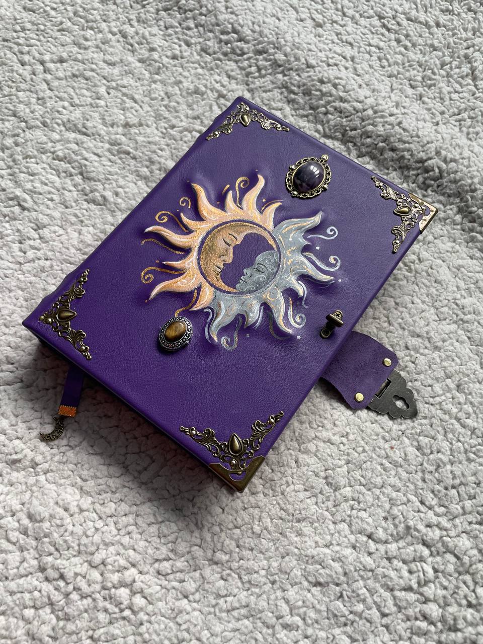 Sun & Moon Purple Leather Grimoire – Handmade Book of Shadows