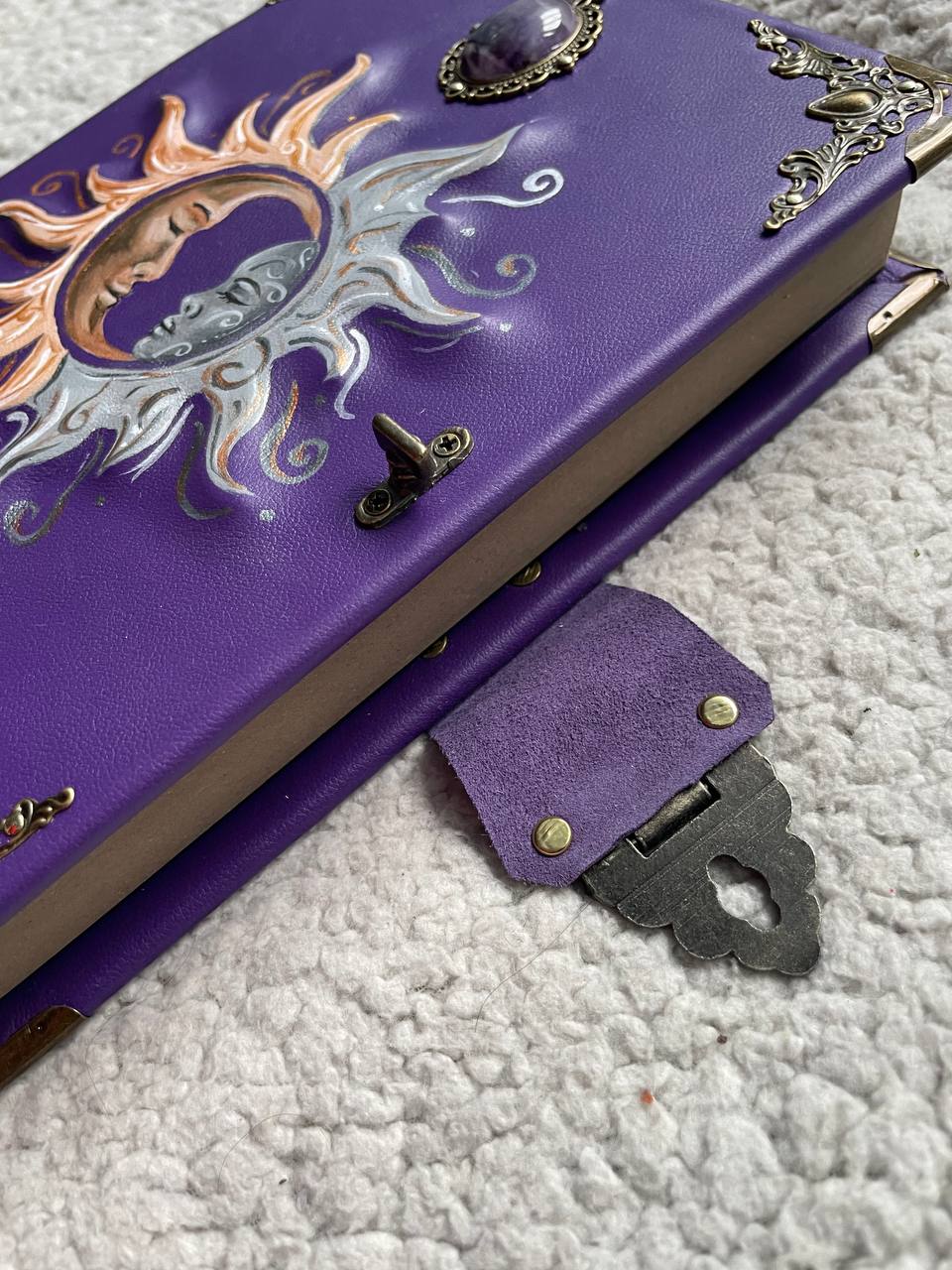 Sun & Moon Purple Leather Grimoire – Handmade Book of Shadows