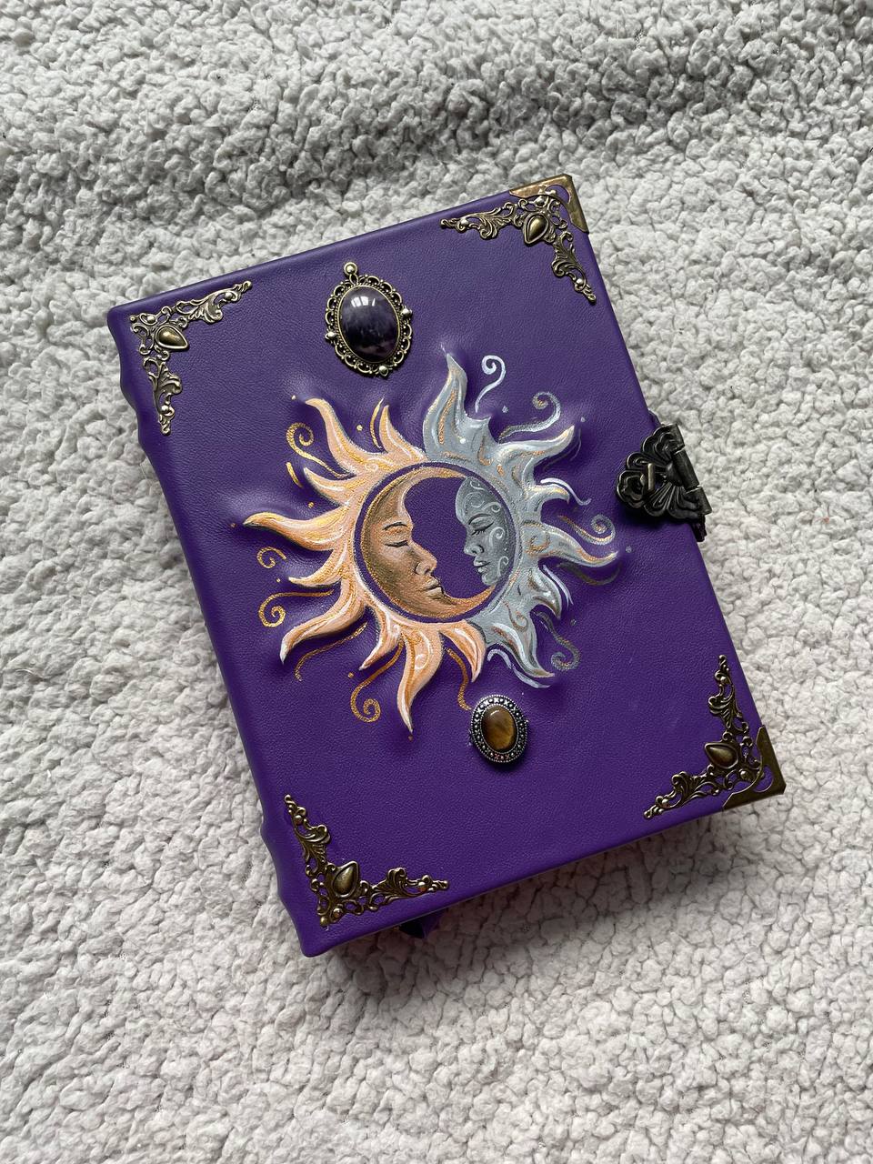 Sun & Moon Purple Leather Grimoire – Handmade Book of Shadows