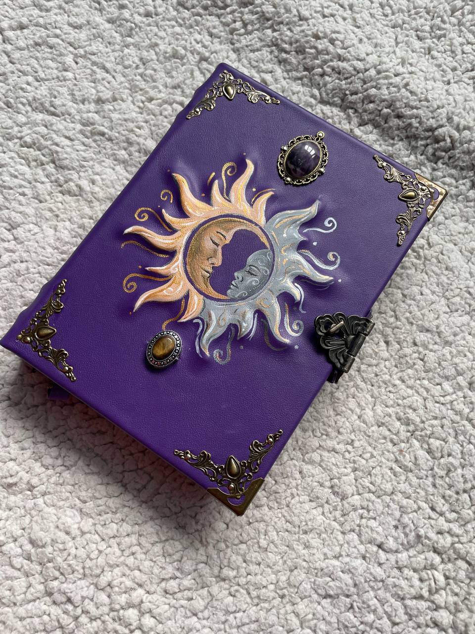 Sun & Moon Purple Leather Grimoire – Handmade Book of Shadows