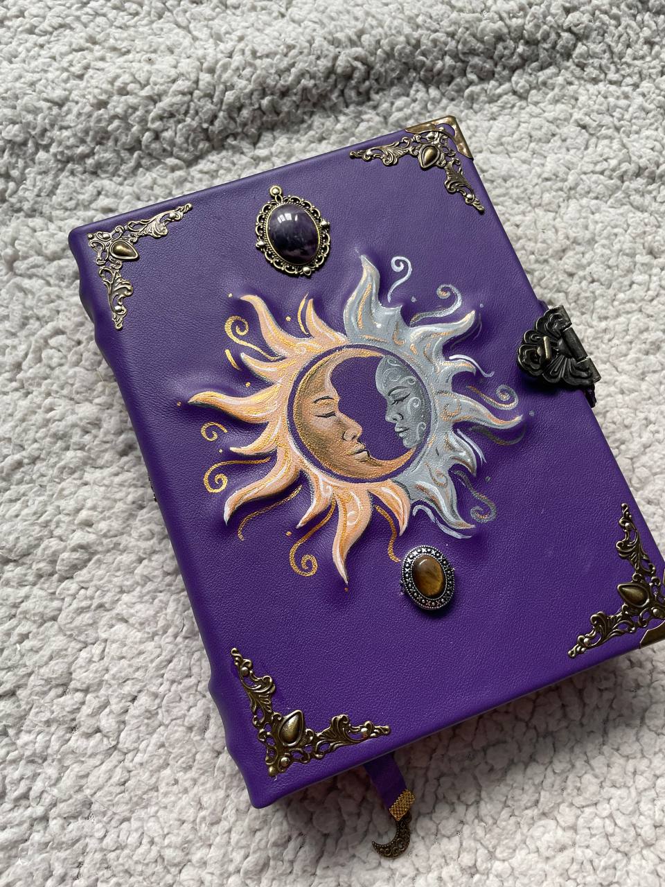 Sun & Moon Purple Leather Grimoire – Handmade Book of Shadows