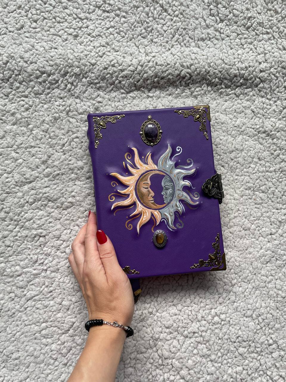 Sun & Moon Purple Leather Grimoire – Handmade Book of Shadows