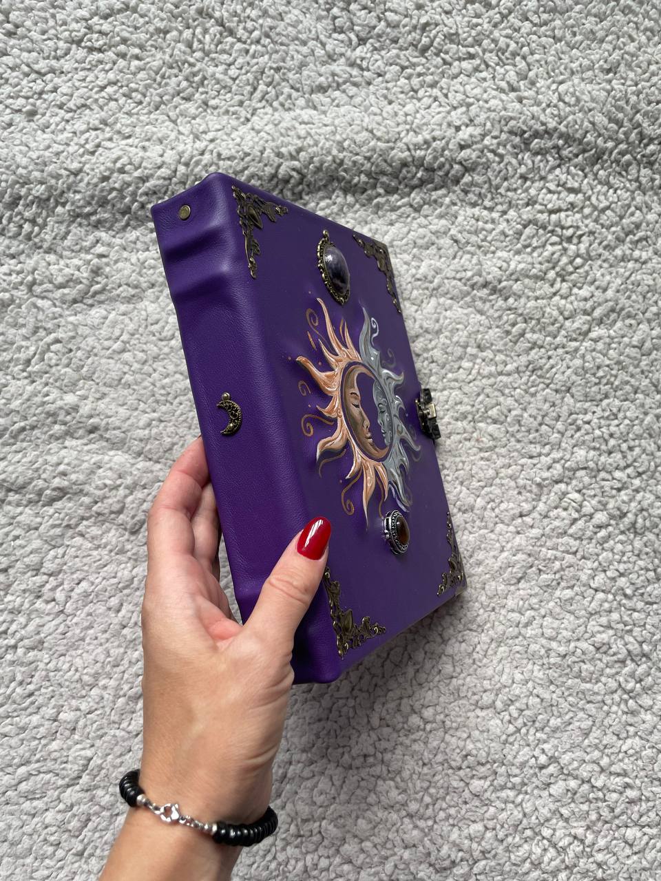 Sun & Moon Purple Leather Grimoire – Handmade Book of Shadows