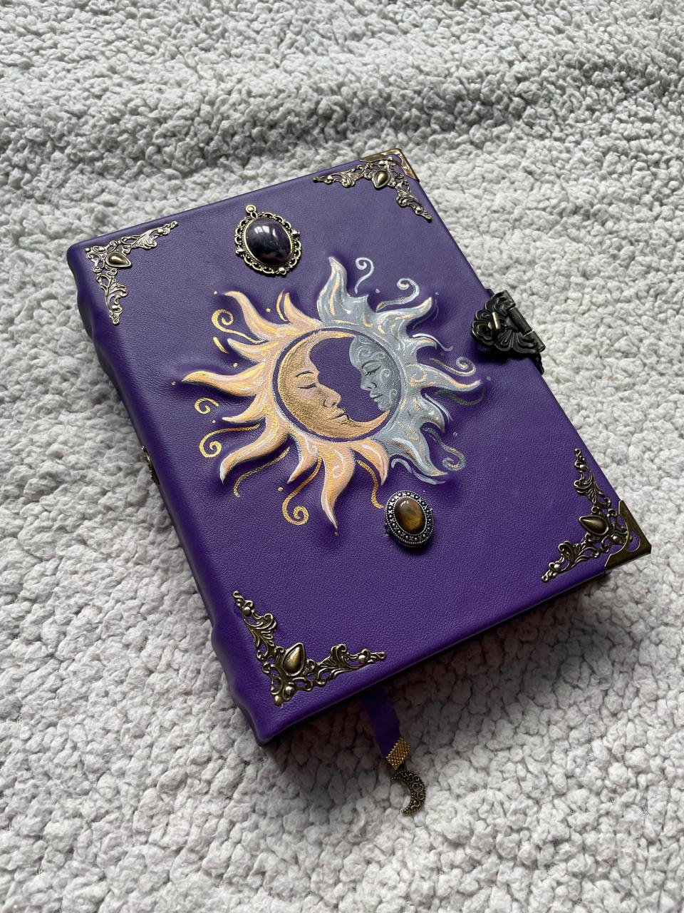 Sun & Moon Purple Leather Grimoire – Handmade Book of Shadows