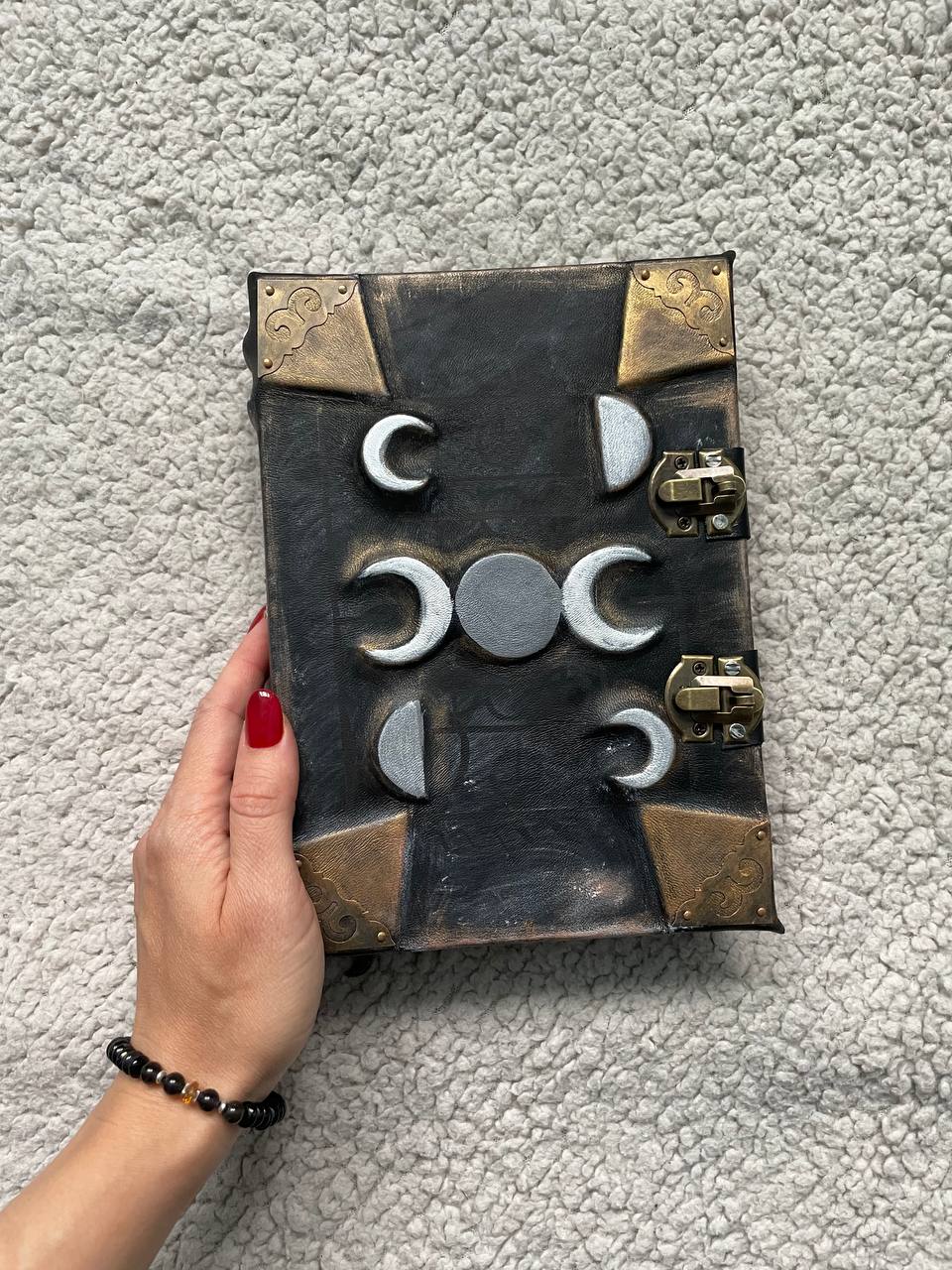 Moon Phases Leather Grimoire – Handmade Book of Shadows Inspired by Gothic Fantasy