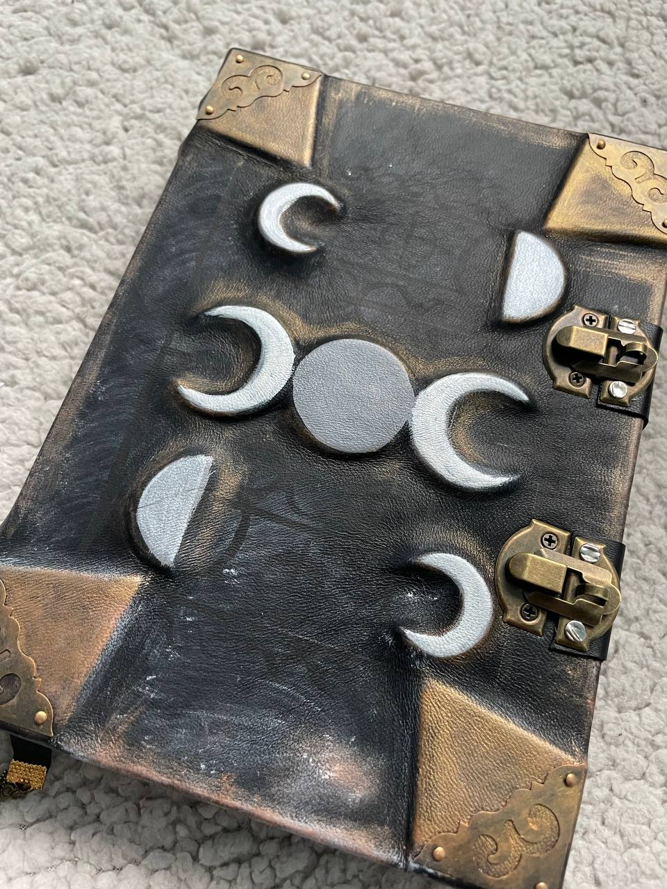 Moon Phases Leather Grimoire – Handmade Book of Shadows Inspired by Gothic Fantasy