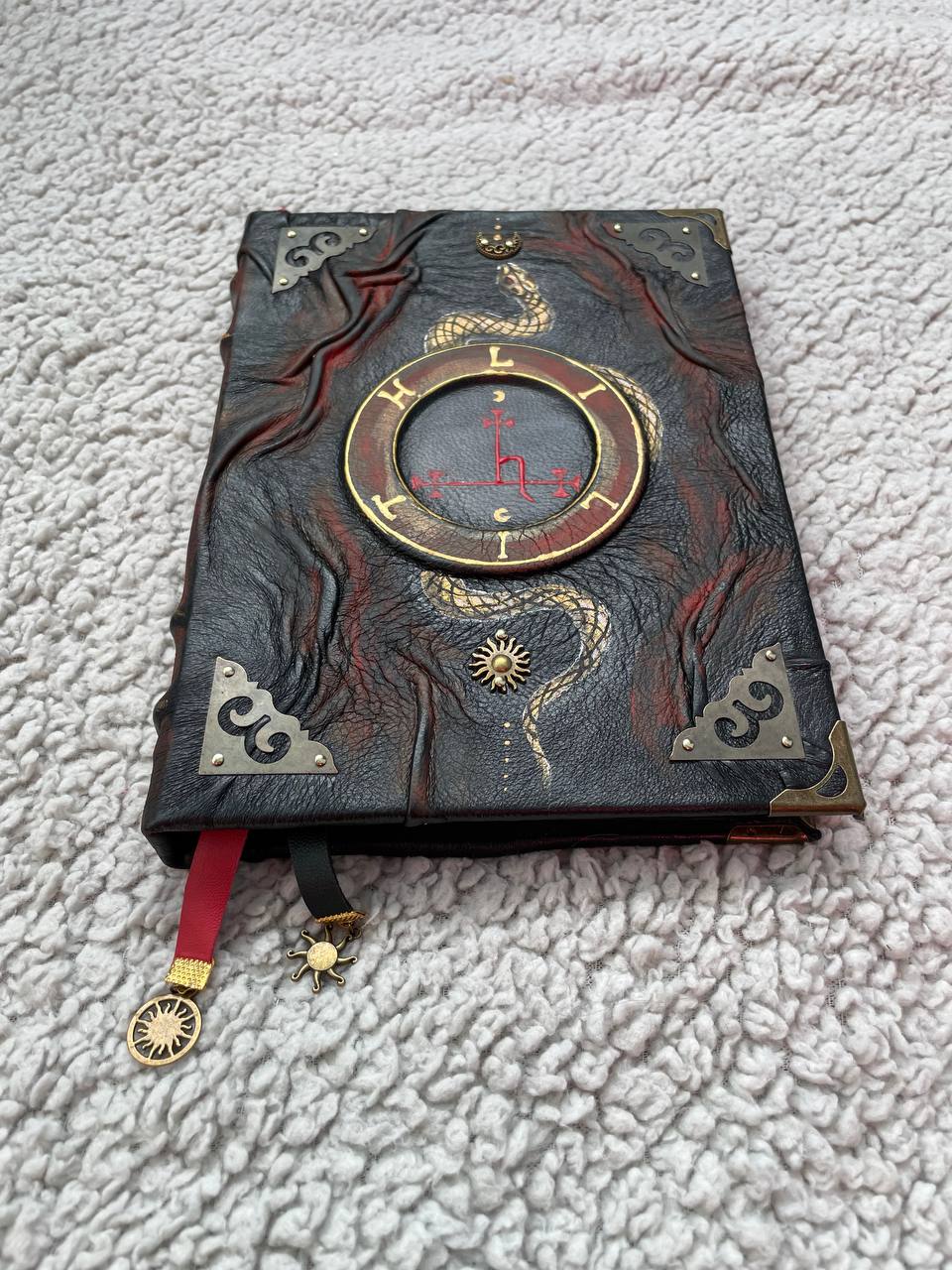 Handmade Black Leather Grimoire with Lilith Sigil & Hand-Painted Snake