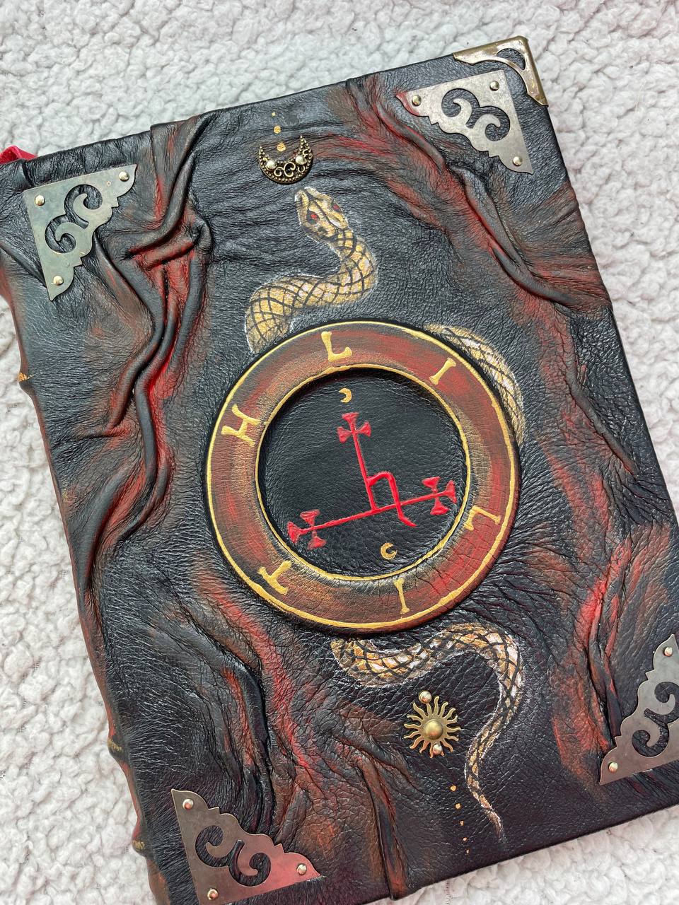 Handmade Black Leather Grimoire with Lilith Sigil & Hand-Painted Snake