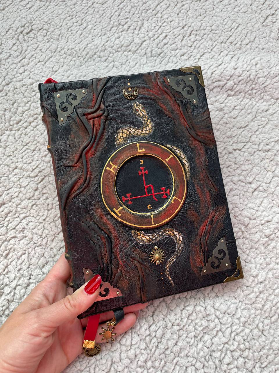 Handmade Black Leather Grimoire with Lilith Sigil & Hand-Painted Snake
