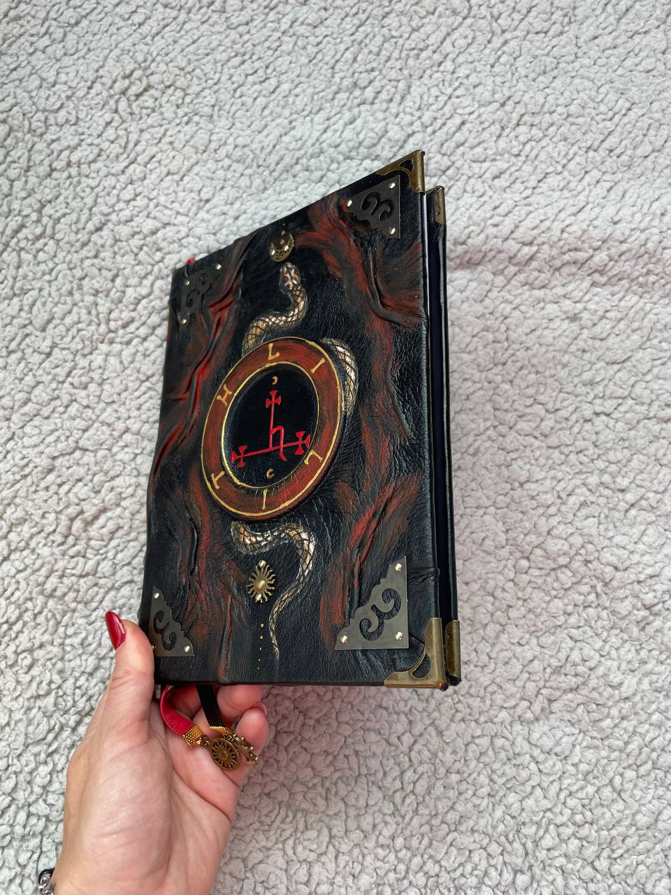 Handmade Black Leather Grimoire with Lilith Sigil & Hand-Painted Snake