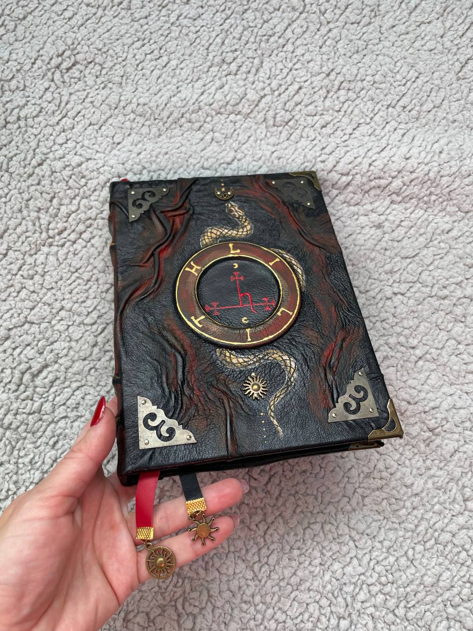 Handmade Black Leather Grimoire with Lilith Sigil & Hand-Painted Snake