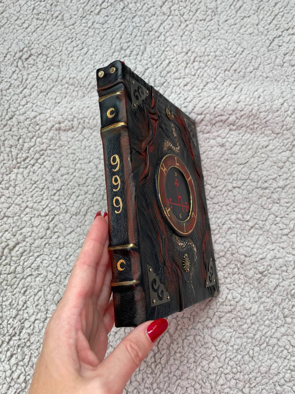 Handmade Black Leather Grimoire with Lilith Sigil & Hand-Painted Snake
